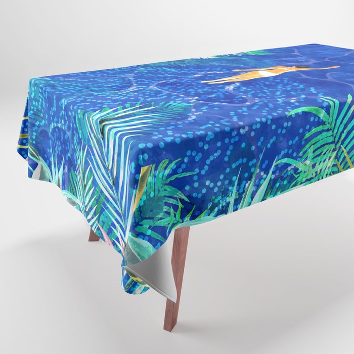 Tropical Jungle Pool | Forest Pop of Color Botanical | Travel Wild Plants Eclectic Watercolor Swim  Tablecloth Gallery Image 1