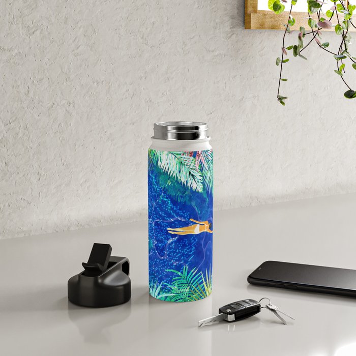 Tropical Jungle Pool | Forest Pop of Color Botanical | Travel Wild Plants Eclectic Watercolor Swim  Water Bottle Gallery Image 4