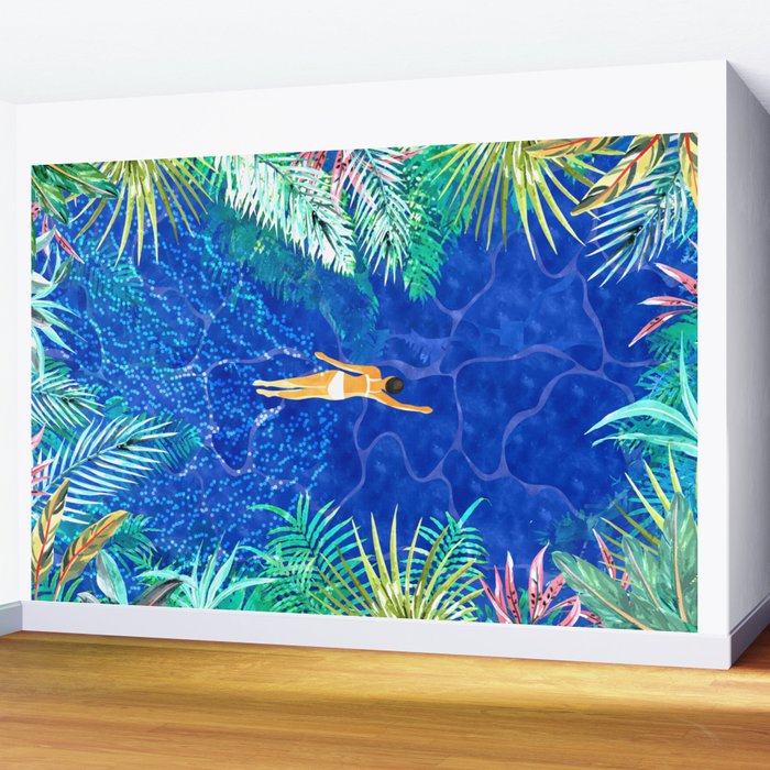 Tropical Jungle Pool | Forest Pop of Color Botanical | Travel Wild Plants Eclectic Watercolor Swim  Wall Mural Gallery Image 2