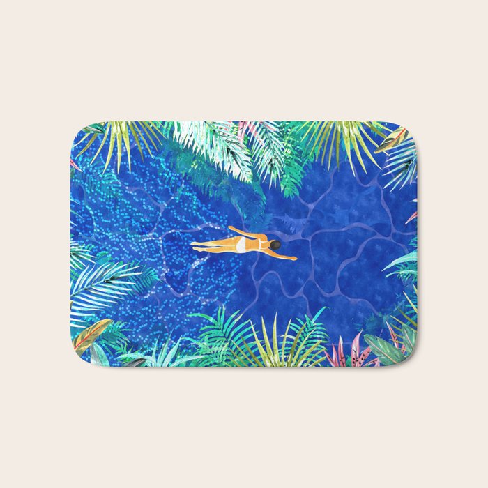 Tropical Jungle Pool | Forest Pop of Color Botanical | Travel Wild Plants Eclectic Watercolor Swim  Bath Mat Gallery Image 1