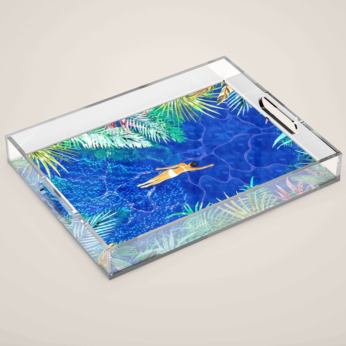 Tropical Jungle Pool | Forest Pop of Color Botanical | Travel Wild Plants Eclectic Watercolor Swim  Acrylic Tray Gallery Image 1