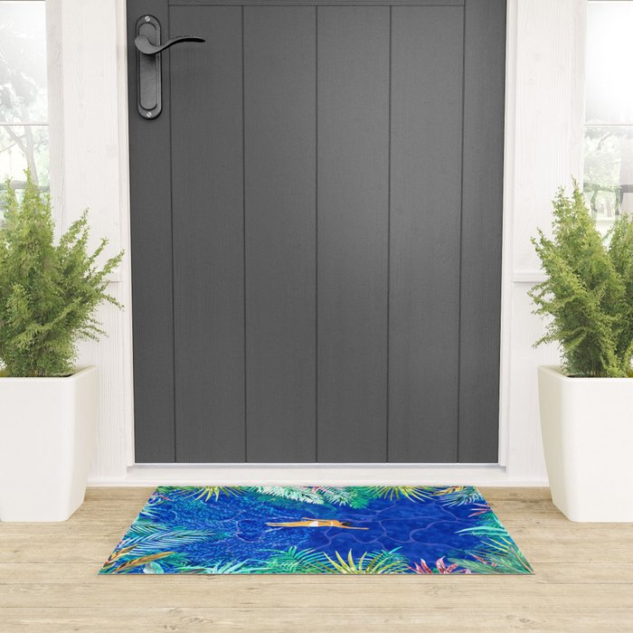 Tropical Jungle Pool | Forest Pop of Color Botanical | Travel Wild Plants Eclectic Watercolor Swim  Welcome Mat Gallery Image 3