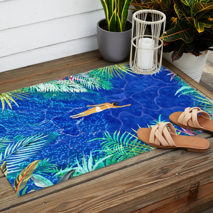 Tropical Jungle Pool | Forest Pop of Color Botanical | Travel Wild Plants Eclectic Watercolor Swim  Outdoor Rug Gallery Image 2