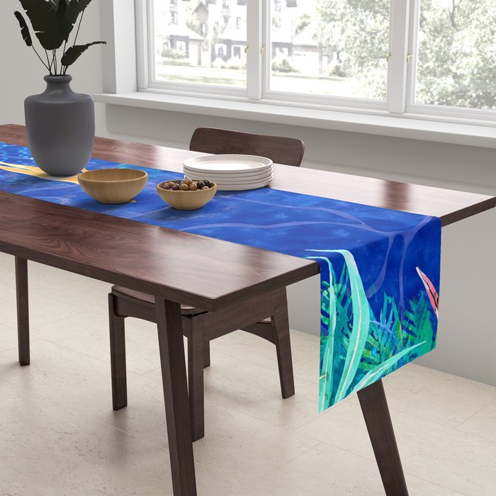 Tropical Jungle Pool | Forest Pop of Color Botanical | Travel Wild Plants Eclectic Watercolor Swim  Table Runner Gallery Image 2