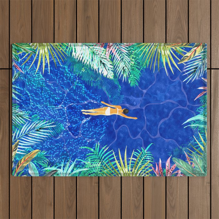 Tropical Jungle Pool | Forest Pop of Color Botanical | Travel Wild Plants Eclectic Watercolor Swim  Outdoor Rug Gallery Image 1