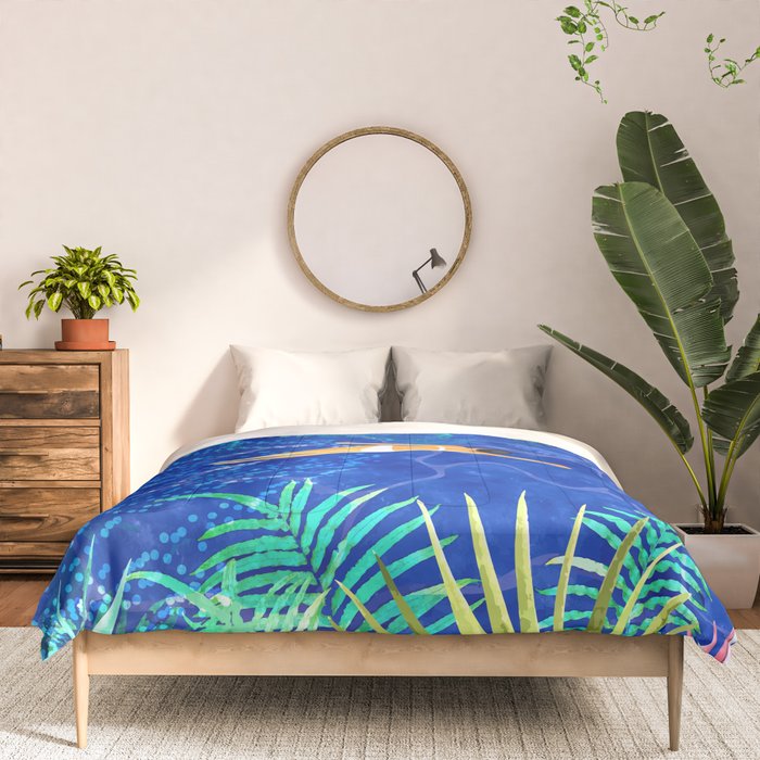 Tropical Jungle Pool | Forest Pop of Color Botanical | Travel Wild Plants Eclectic Watercolor Swim  Comforter Gallery Image 3