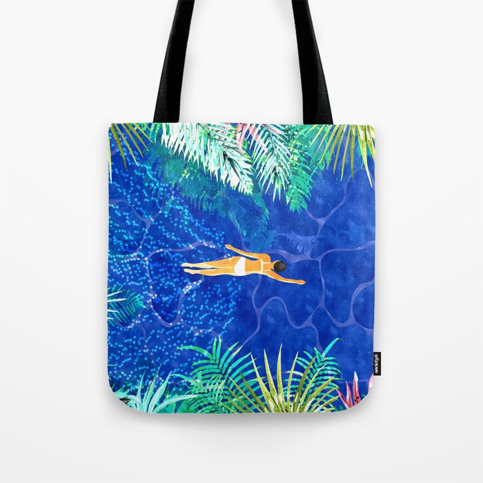Tropical Jungle Pool | Forest Pop of Color Botanical | Travel Wild Plants Eclectic Watercolor Swim  Tote Bag Gallery Image 1