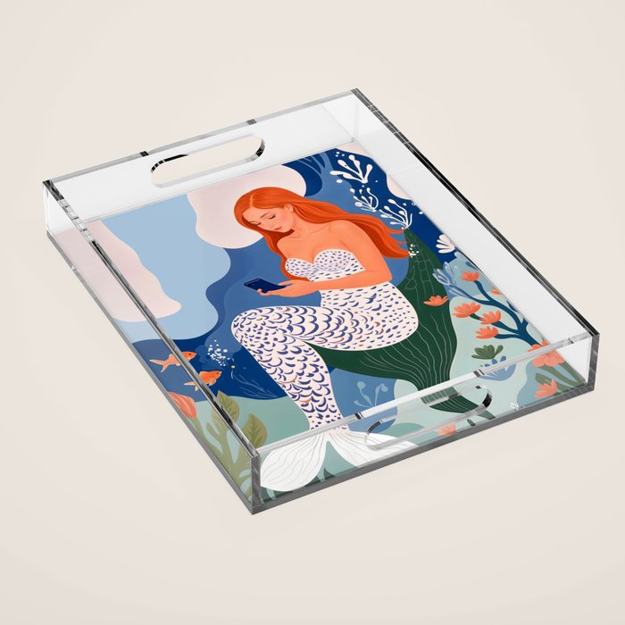 Digital Serenity, Gen Z Mermaid Underwater, Woman Girl Cellphone Mobile Device, Reels Whimsical Eclectic Boho, Contemporary Concept Ocean Painting Acrylic Tray Gallery Image 1
