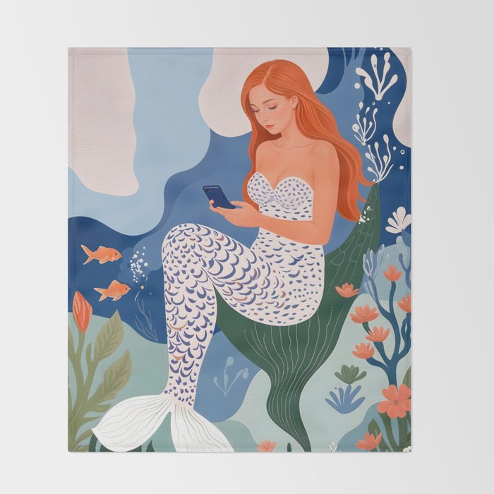 Digital Serenity, Gen Z Mermaid Underwater, Woman Girl Cellphone Mobile Device, Reels Whimsical Eclectic Boho, Contemporary Concept Ocean Painting Throw Blanket Gallery Image 2