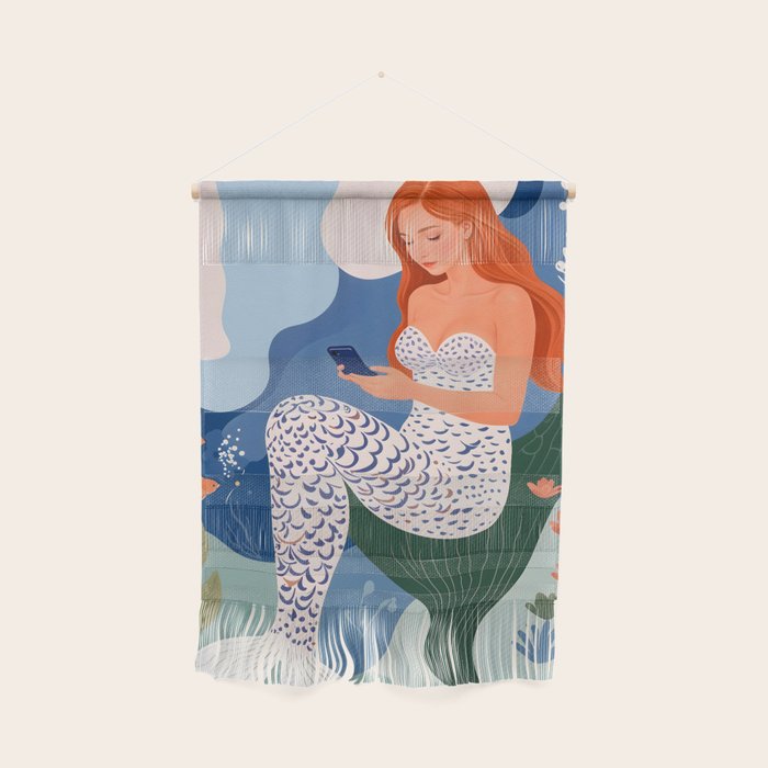 Digital Serenity, Gen Z Mermaid Underwater, Woman Girl Cellphone Mobile Device, Reels Whimsical Eclectic Boho, Contemporary Concept Ocean Painting Wall Hanging Gallery Image 1