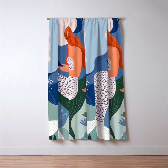 Digital Serenity, Gen Z Mermaid Underwater, Woman Girl Cellphone Mobile Device, Reels Whimsical Eclectic Boho, Contemporary Concept Ocean Painting Window Curtain Gallery Image 3