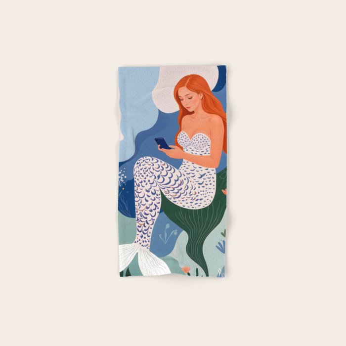 Digital Serenity, Gen Z Mermaid Underwater, Woman Girl Cellphone Mobile Device, Reels Whimsical Eclectic Boho, Contemporary Concept Ocean Painting Bath Towel Gallery Image 1