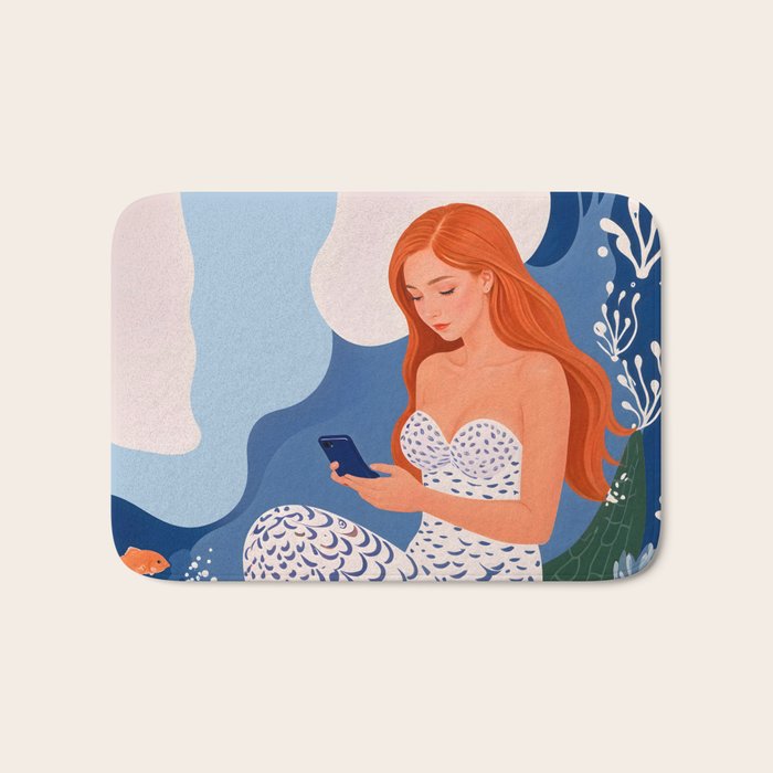 Digital Serenity, Gen Z Mermaid Underwater, Woman Girl Cellphone Mobile Device, Reels Whimsical Eclectic Boho, Contemporary Concept Ocean Painting Bath Mat Gallery Image 1