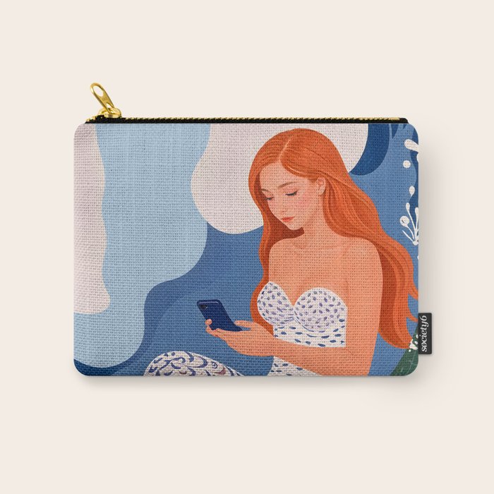 Digital Serenity, Gen Z Mermaid Underwater, Woman Girl Cellphone Mobile Device, Reels Whimsical Eclectic Boho, Contemporary Concept Ocean Painting Carry All Pouch Gallery Image 1