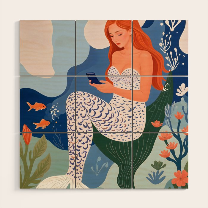 Digital Serenity, Gen Z Mermaid Underwater, Woman Girl Cellphone Mobile Device, Reels Whimsical Eclectic Boho, Contemporary Concept Ocean Painting Wood Wall Art Gallery Image 1