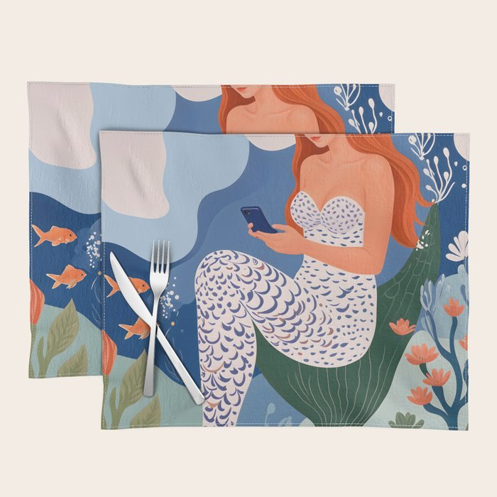 Digital Serenity, Gen Z Mermaid Underwater, Woman Girl Cellphone Mobile Device, Reels Whimsical Eclectic Boho, Contemporary Concept Ocean Painting Placemat Gallery Image 1
