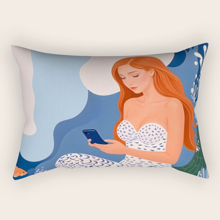 Digital Serenity, Gen Z Mermaid Underwater, Woman Girl Cellphone Mobile Device, Reels Whimsical Eclectic Boho, Contemporary Concept Ocean Painting Rectangular Pillow Gallery Image 1