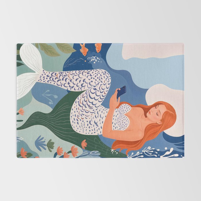 Digital Serenity, Gen Z Mermaid Underwater, Woman Girl Cellphone Mobile Device, Reels Whimsical Eclectic Boho, Contemporary Concept Ocean Painting Rug Gallery Image 2