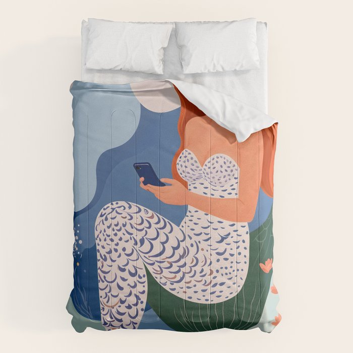 Digital Serenity, Gen Z Mermaid Underwater, Woman Girl Cellphone Mobile Device, Reels Whimsical Eclectic Boho, Contemporary Concept Ocean Painting Comforter Gallery Image 6