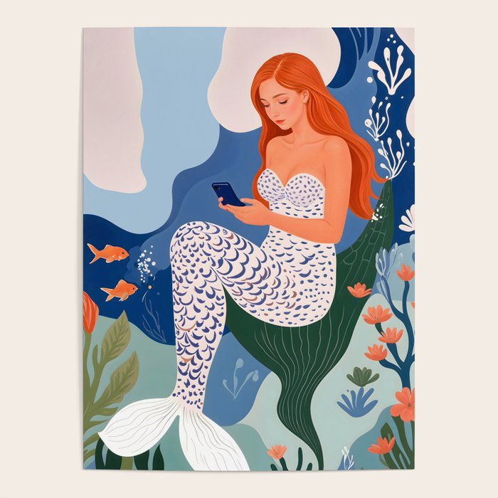 Digital Serenity, Gen Z Mermaid Underwater, Woman Girl Cellphone Mobile Device, Reels Whimsical Eclectic Boho, Contemporary Concept Ocean Painting Poster Gallery Image 4