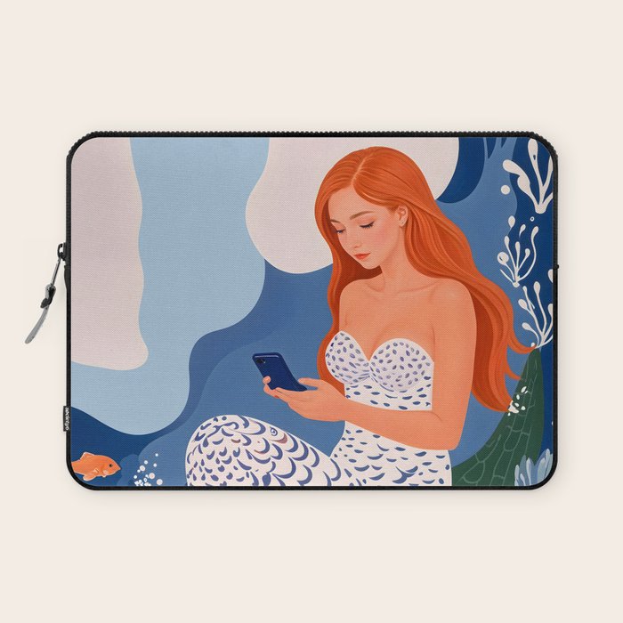 Digital Serenity, Gen Z Mermaid Underwater, Woman Girl Cellphone Mobile Device, Reels Whimsical Eclectic Boho, Contemporary Concept Ocean Painting Laptop Sleeve Gallery Image 1