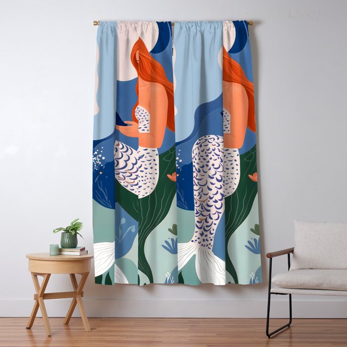 Digital Serenity, Gen Z Mermaid Underwater, Woman Girl Cellphone Mobile Device, Reels Whimsical Eclectic Boho, Contemporary Concept Ocean Painting Window Curtain Gallery Image 5