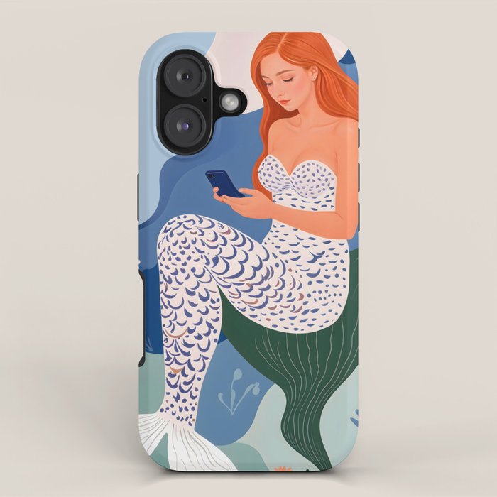Digital Serenity, Gen Z Mermaid Underwater, Woman Girl Cellphone Mobile Device, Reels Whimsical Eclectic Boho, Contemporary Concept Ocean Painting iPhone Case Gallery Image 1