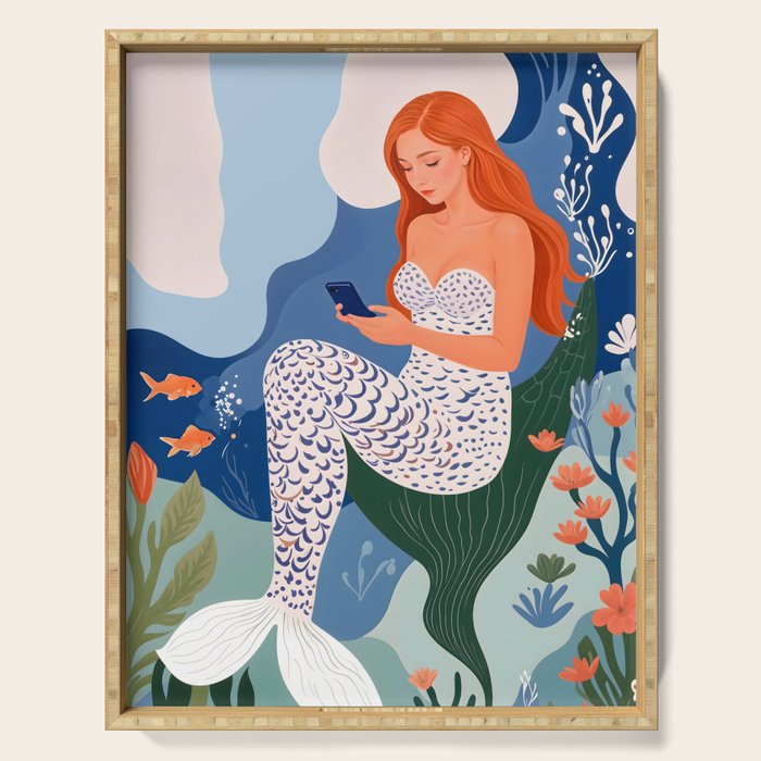 Digital Serenity, Gen Z Mermaid Underwater, Woman Girl Cellphone Mobile Device, Reels Whimsical Eclectic Boho, Contemporary Concept Ocean Painting Serving Tray Gallery Image 1