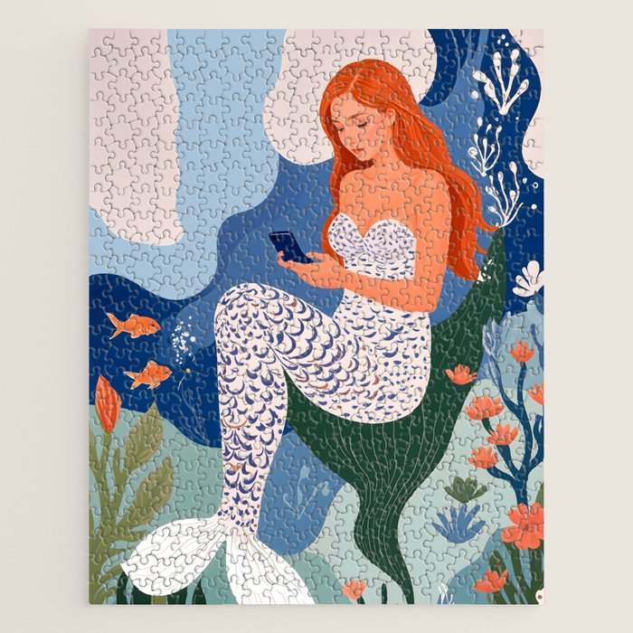 Digital Serenity, Gen Z Mermaid Underwater, Woman Girl Cellphone Mobile Device, Reels Whimsical Eclectic Boho, Contemporary Concept Ocean Painting Jigsaw Puzzle Gallery Image 1