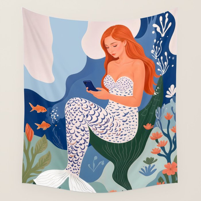 Digital Serenity, Gen Z Mermaid Underwater, Woman Girl Cellphone Mobile Device, Reels Whimsical Eclectic Boho, Contemporary Concept Ocean Painting Wall Tapestry Gallery Image 4