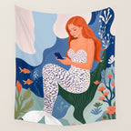 Digital Serenity, Gen Z Mermaid Underwater, Woman Girl Cellphone Mobile Device, Reels Whimsical Eclectic Boho, Contemporary Concept Ocean Painting Wall Tapestry Gallery Image 4