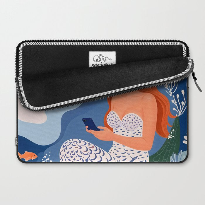 Digital Serenity, Gen Z Mermaid Underwater, Woman Girl Cellphone Mobile Device, Reels Whimsical Eclectic Boho, Contemporary Concept Ocean Painting Laptop Sleeve Gallery Image 2
