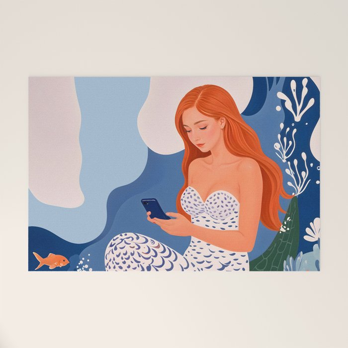 Digital Serenity, Gen Z Mermaid Underwater, Woman Girl Cellphone Mobile Device, Reels Whimsical Eclectic Boho, Contemporary Concept Ocean Painting Welcome Mat Gallery Image 1
