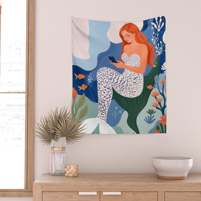 Digital Serenity, Gen Z Mermaid Underwater, Woman Girl Cellphone Mobile Device, Reels Whimsical Eclectic Boho, Contemporary Concept Ocean Painting Wall Tapestry Gallery Image 2