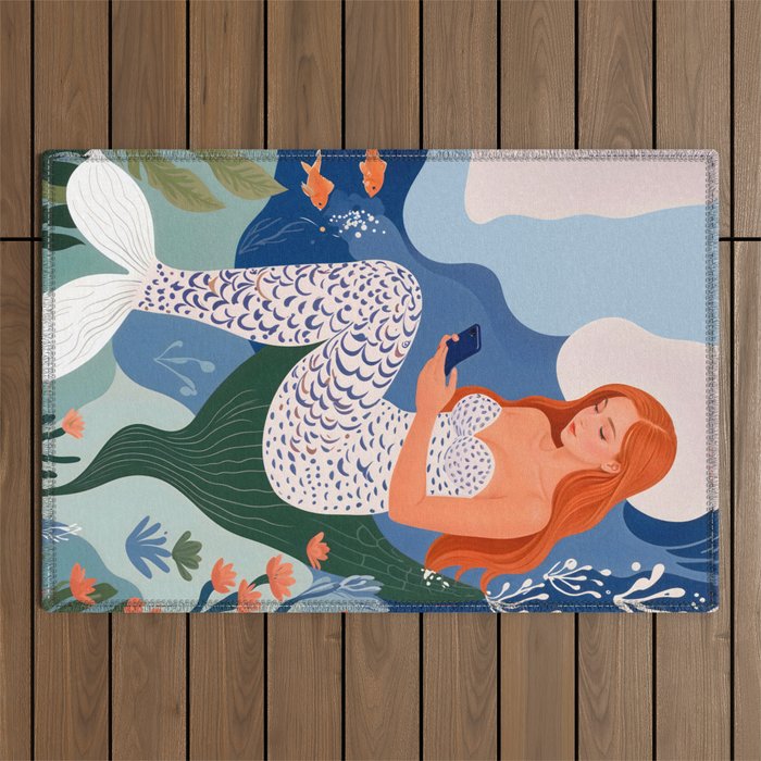 Digital Serenity, Gen Z Mermaid Underwater, Woman Girl Cellphone Mobile Device, Reels Whimsical Eclectic Boho, Contemporary Concept Ocean Painting Outdoor Rug Gallery Image 1