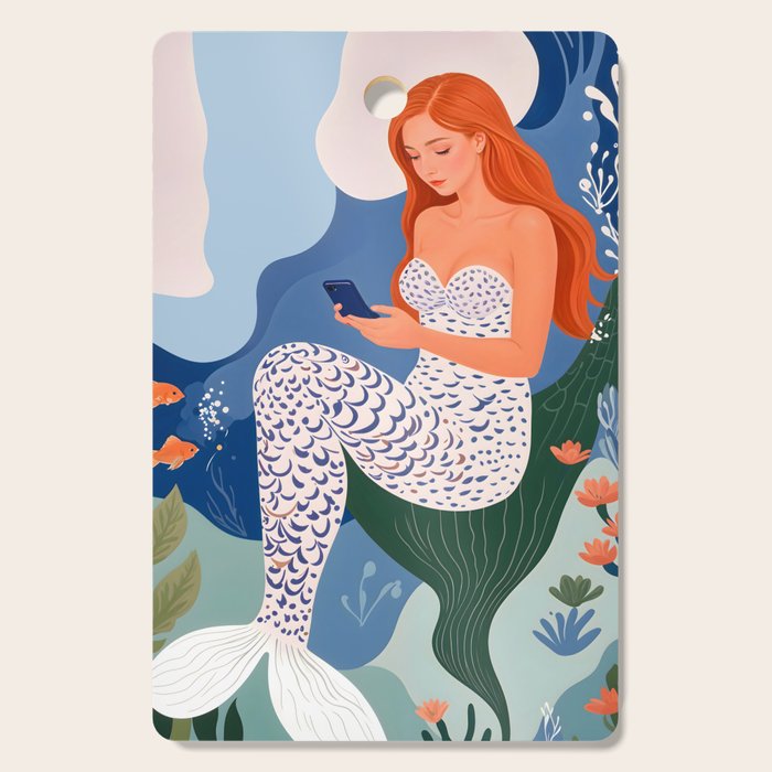 Digital Serenity, Gen Z Mermaid Underwater, Woman Girl Cellphone Mobile Device, Reels Whimsical Eclectic Boho, Contemporary Concept Ocean Painting Cutting Board Gallery Image 1