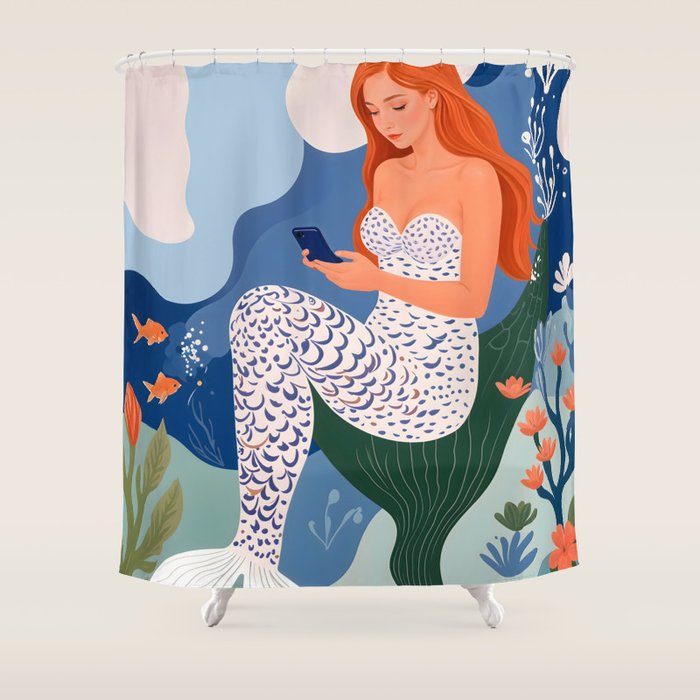 Digital Serenity, Gen Z Mermaid Underwater, Woman Girl Cellphone Mobile Device, Reels Whimsical Eclectic Boho, Contemporary Concept Ocean Painting Shower Curtain Gallery Image 1