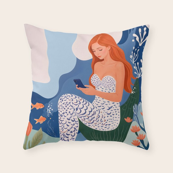 Digital Serenity, Gen Z Mermaid Underwater, Woman Girl Cellphone Mobile Device, Reels Whimsical Eclectic Boho, Contemporary Concept Ocean Painting Throw Pillow Gallery Image 1