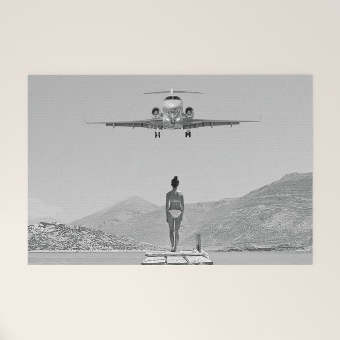 Steady As She Goes; aircraft coming in for an island landing black and white photography- photographs Welcome Mat Gallery Image 1