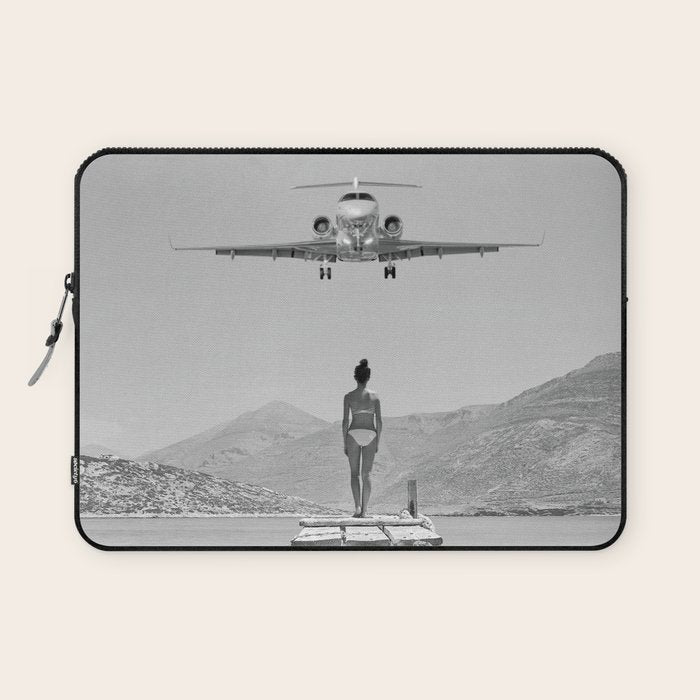 Steady As She Goes; aircraft coming in for an island landing black and white photography- photographs Laptop Sleeve Gallery Image 1