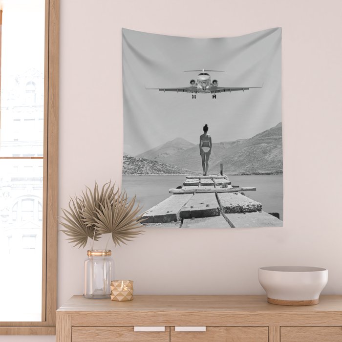 Steady As She Goes; aircraft coming in for an island landing black and white photography- photographs Wall Tapestry Gallery Image 2