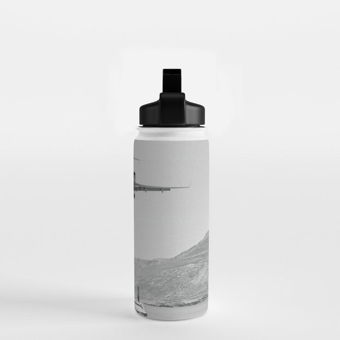 Steady As She Goes; aircraft coming in for an island landing black and white photography- photographs Water Bottle Gallery Image 2