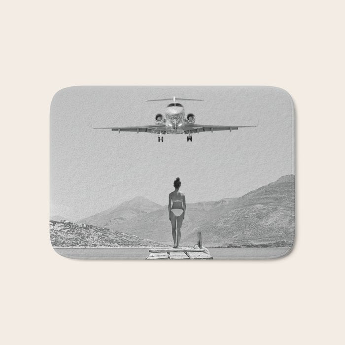 Steady As She Goes; aircraft coming in for an island landing black and white photography- photographs Bath Mat Gallery Image 1