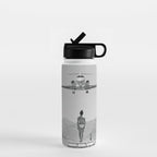 Steady As She Goes; aircraft coming in for an island landing black and white photography- photographs Water Bottle Gallery Image 1