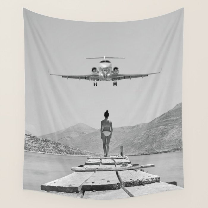 Steady As She Goes; aircraft coming in for an island landing black and white photography- photographs Wall Tapestry Gallery Image 4