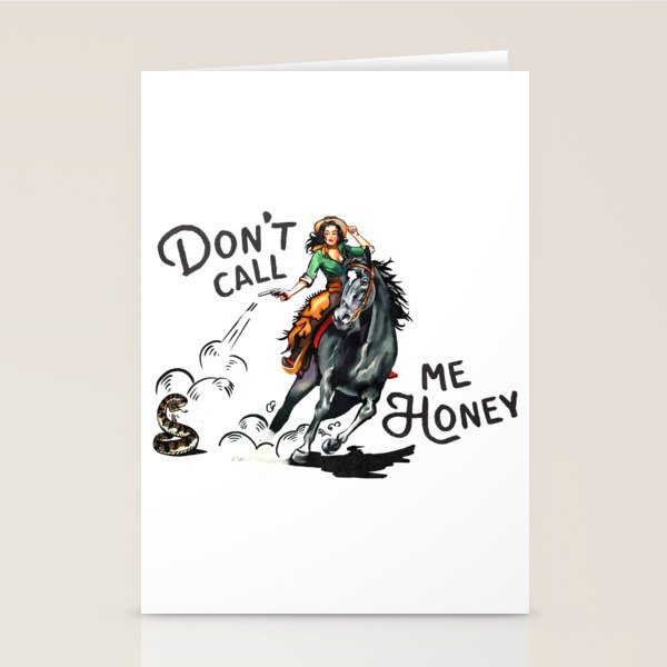"Don't Call Me Honey" Cowgirl On Horseback Shooting a Rattlesnake Stationery Card Gallery Image 2