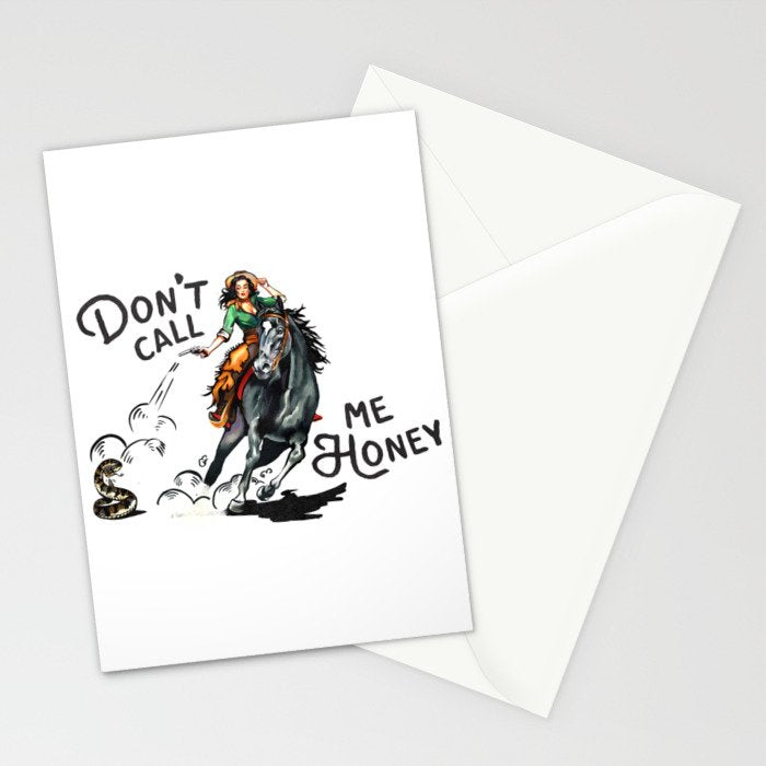 "Don't Call Me Honey" Cowgirl On Horseback Shooting a Rattlesnake Stationery Card Gallery Image 2
