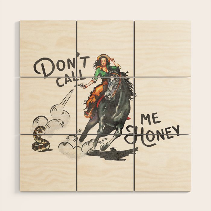 "Don't Call Me Honey" Cowgirl On Horseback Shooting a Rattlesnake Wood Wall Art Gallery Image 1