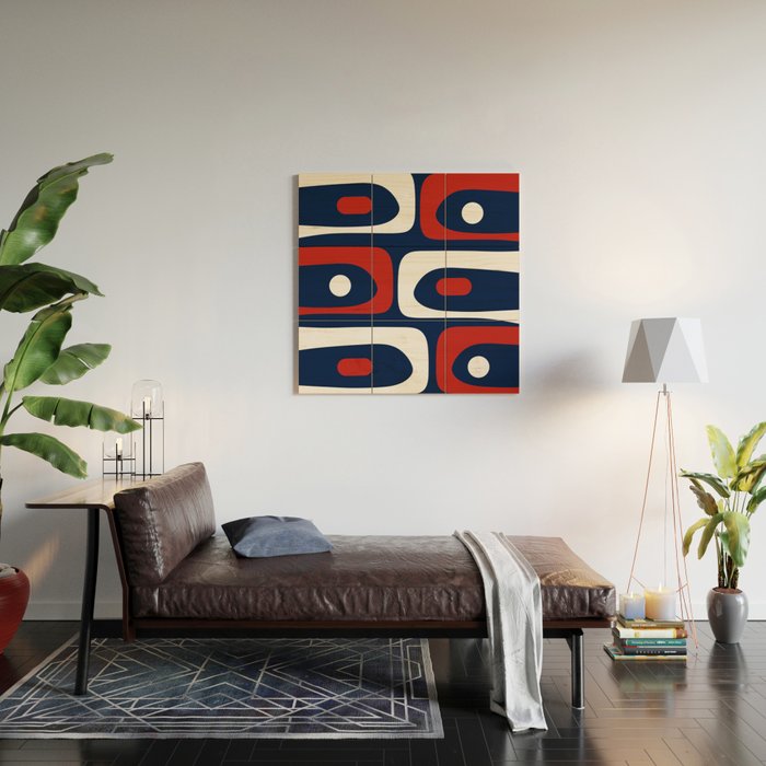 Mid Century Modern Piquet Pattern in Nautical Navy Blue, Red, and White Wood Wall Art Gallery Image 2
