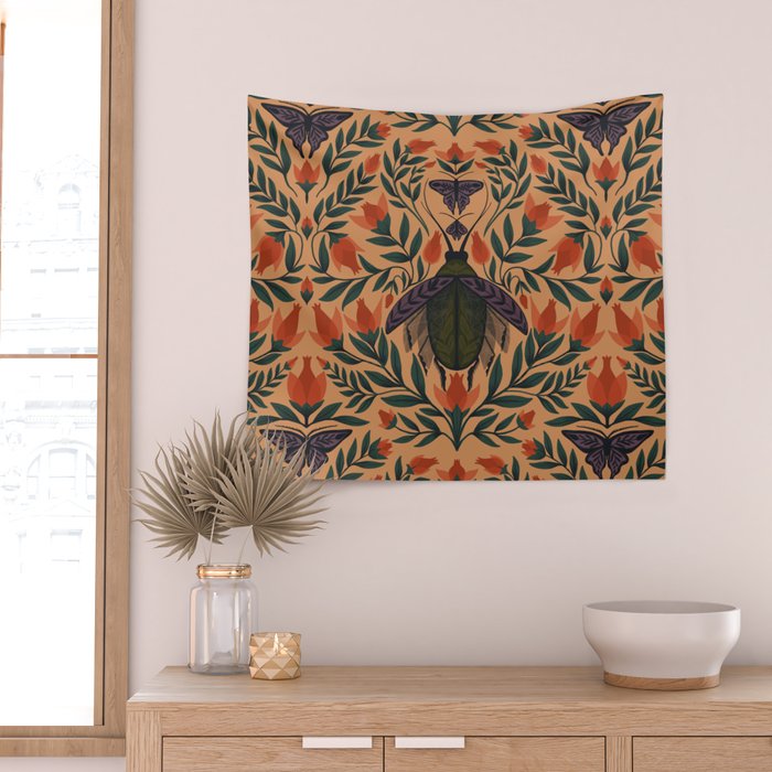 Beetle and Butterfly Botanical Design Wall Tapestry Gallery Image 2